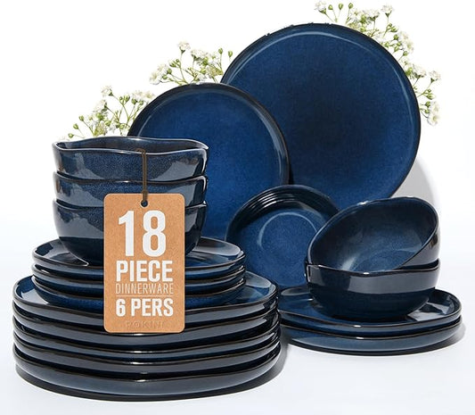 18 Piece Stoneware Dish Set for 6, Reactive Glaze Ceramic Plates and Bowls Set | Coastal‑Inspired Irregular Design for Casual Entertaining & Intimate Dinners | Dishwasher & Microwave Safe
