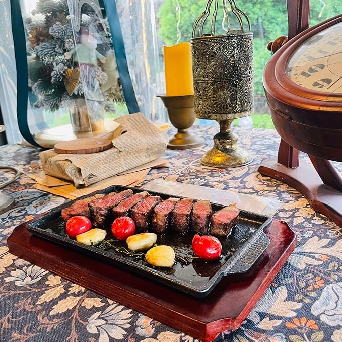 Cast Iron Steak Plate, Grill Pans, Sizzle Griddle with Wooden Base, Steak Pan, Griddle Grill Pan with handles (Plate with Base 6.7" x 4.4")