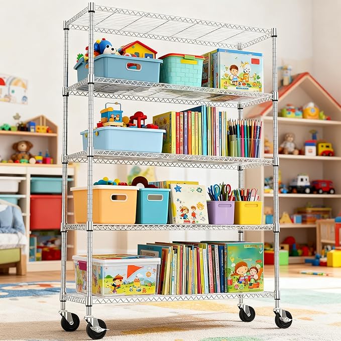 5 Tiers Shelf 1750 lbs Steel Storage Shelving Utility Shelving Unit Steel Organizer Wire Rack for Home,Kitchen,Office,Garage Chrome 17.7" D x 47.2" W x 76.8" H