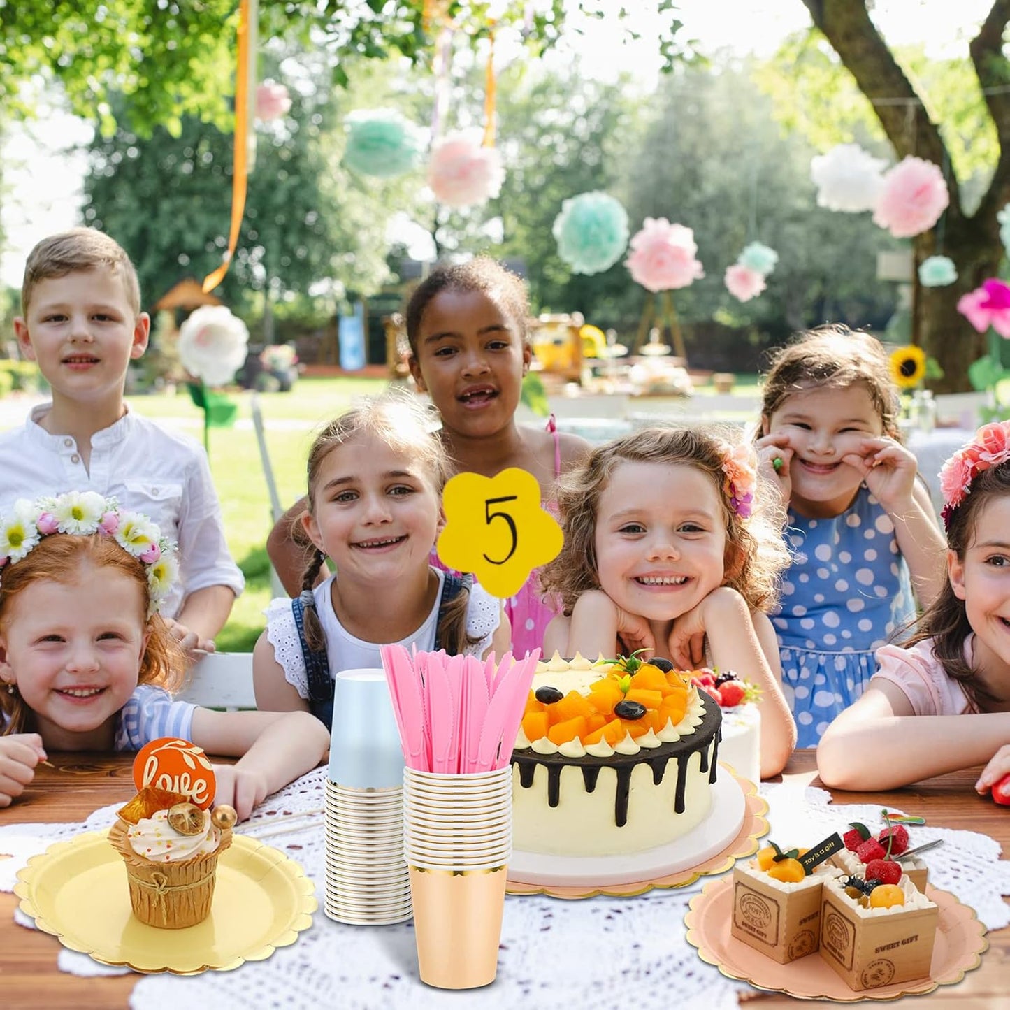 Yaomiao 168 Pcs Pastel Scalloped Paper Plates Cups Napkin with Gold Foil Macaron Colored Disposable Dinnerware Set Serve 24 Guests Princess Birthday Party Baby Shower Decorations(Multicolor,Round)