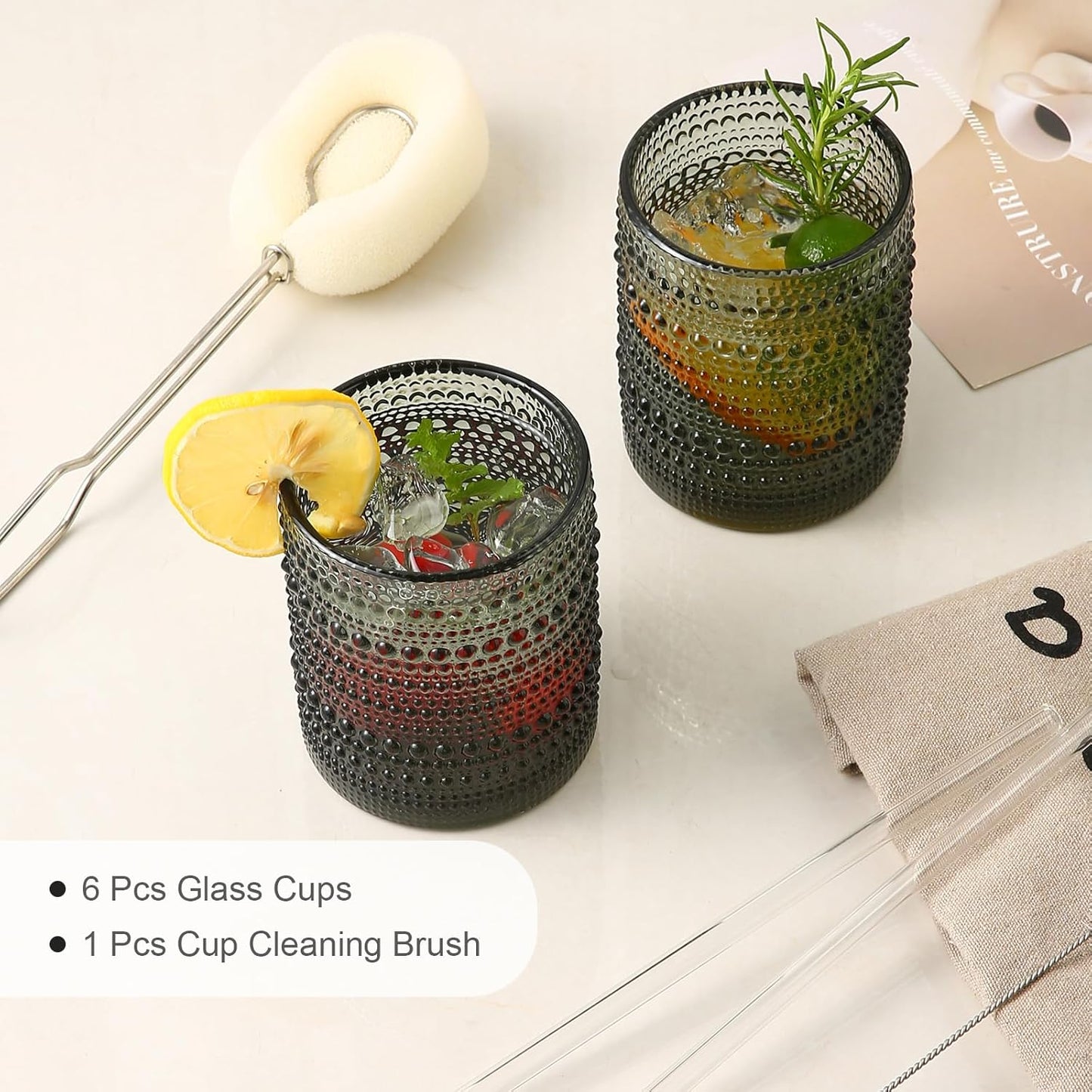 Vintage Glassware Drinking Glasses Set of 6,12 oz Hobnail Glass Cups,Embossed Grey Water Tumbler,for Beer,Cocktail,Whiskey,Juice and Various Mixed Drinks- 1 Cleaning Brush