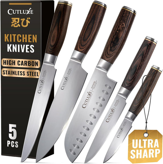 Cutluxe 5-Piece Chef Knife Set – Ultra Sharp Japanese Kitchen Knives, High Carbon Stainless Steel Blades, Full Tang Pakkawood Handles – Shinobi Series