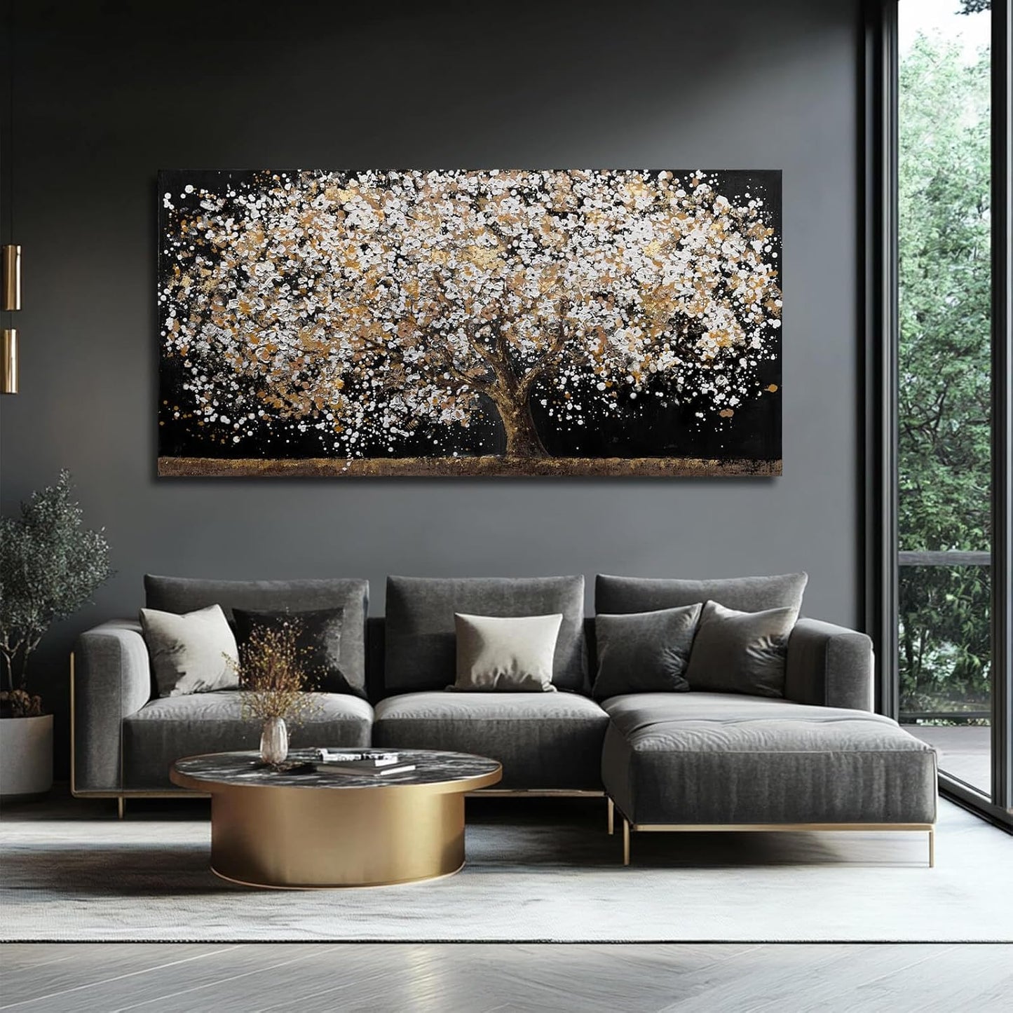 Large Wall Art for Living Room Gold Wall Decorations White Wall Pictures Tree Canvas Wall Art Decor Black Print Photos for Living Room Hotel 29"x58"