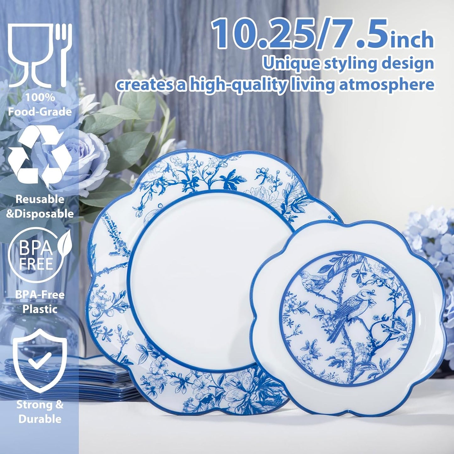 LIYH 60 Pcs Blue Plastic Plates Set - Heavy Duty Floral and White Plastic Plates for Party Wedding Elegant Plate Bridal Shower Floral Dinnerware Set - 10.25" Dinner & 7.5" Dessert Plate