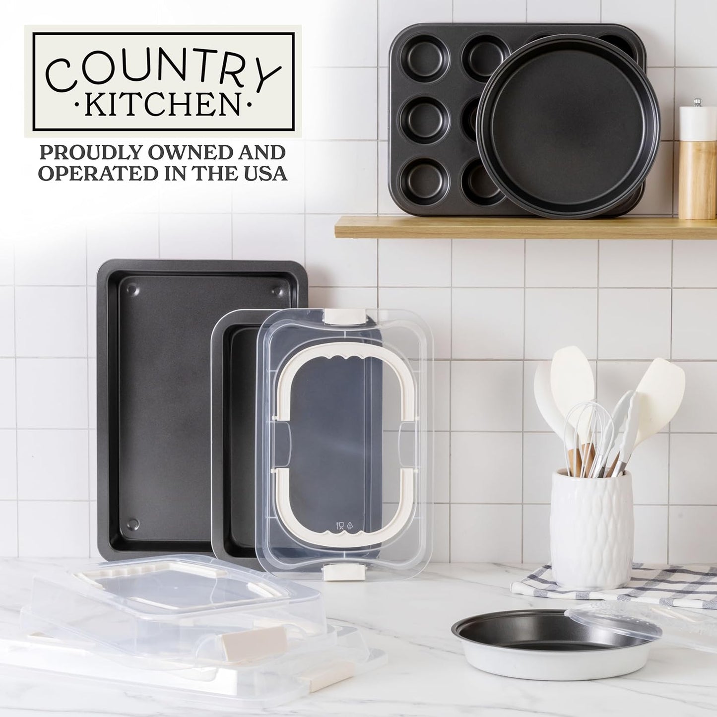 Country Kitchen Baking Pans Set - 10 Piece Non-Stick Cake Pans with Carry Lids for Easy Storage & Travel, Perfect for Parties - Stackable, Cream