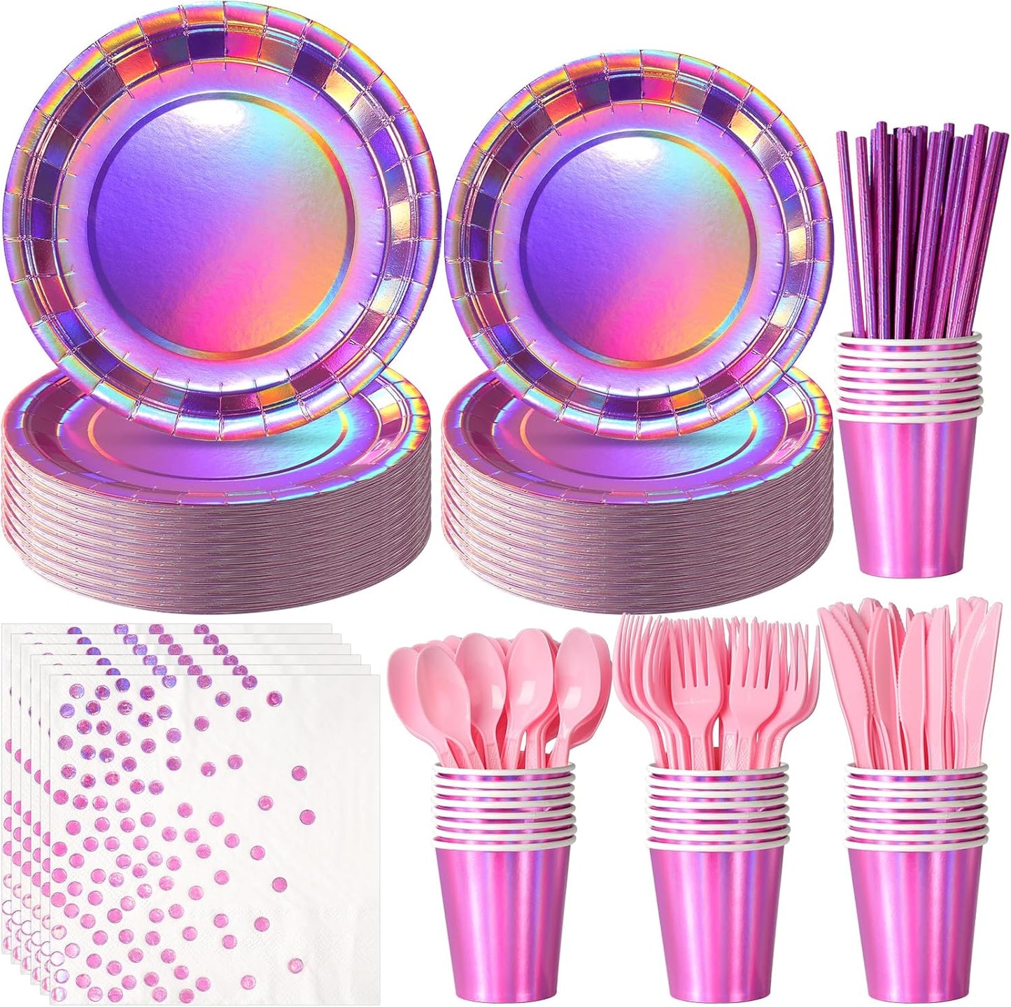 Iridescent Pink Party Supplies Decorations Serve 100, Hot Pink Holographic Paper Plates and Napkins, Disposable Pink Paper Plates Cups Knives Spoons Fork for Mermaid Disco Birthday Graduation Party