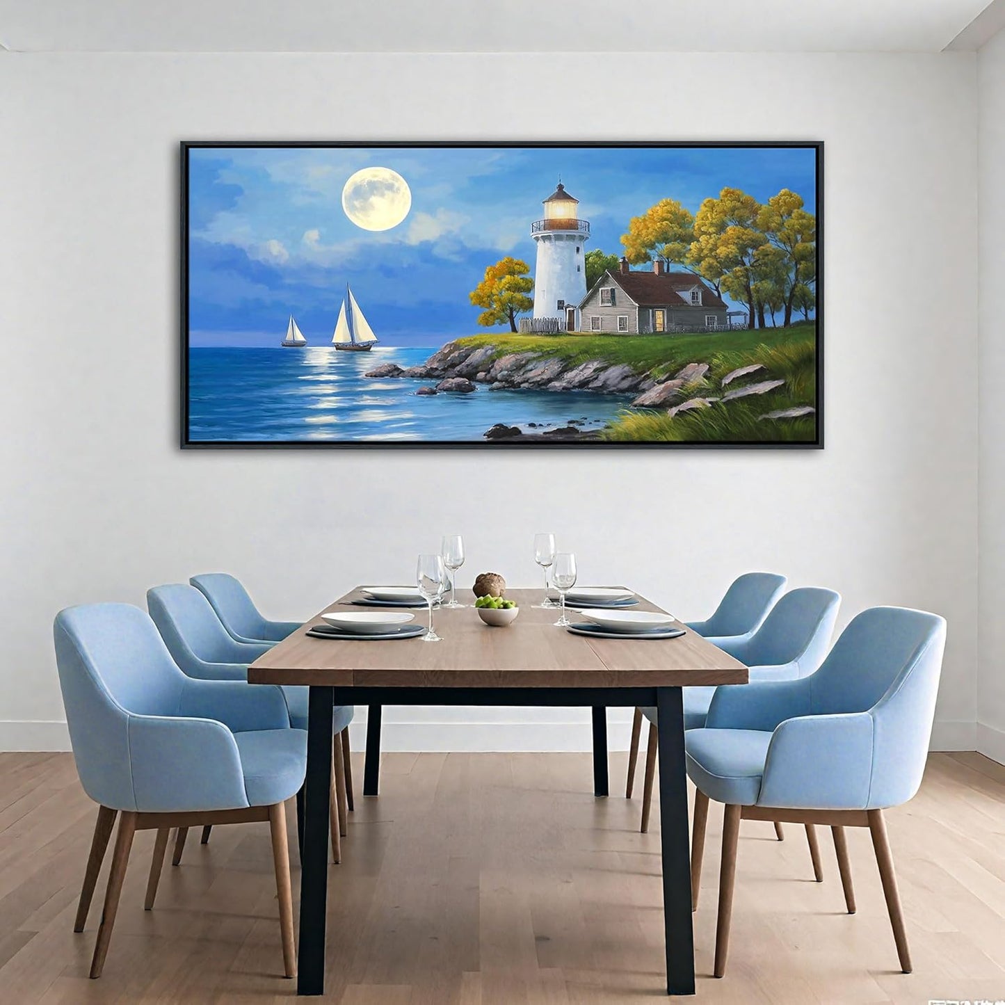 CHATYOUNG Blue Ocean Wall Art - Large Lighthouse Sailboat Coastal Landscape Canvas Picture Green Tree Nature Navigation Paintings Artwork for Living Room Bedroom Office Home Frame Decor 29"X58"