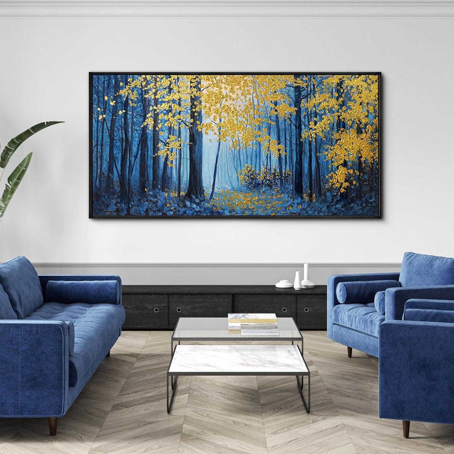 KLAKLA Blue and Gold Tree Wall Art - Birch Tree Forest Painting Pictures Framed Artwork for Living Room Bedroom Office Canvas Print Art Gorgeous Landscape Wall Art Home Decoration - 58x29 Inches