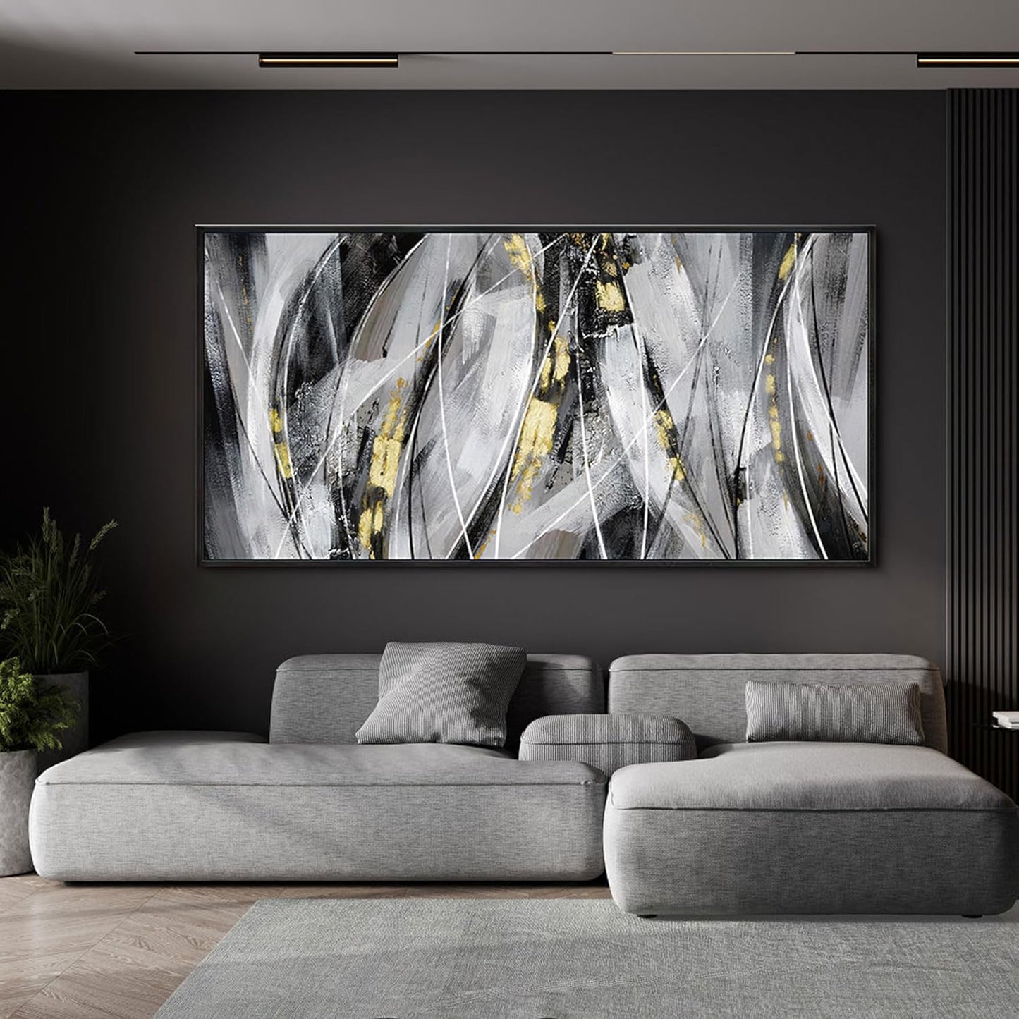 KLAKLA Abstract Frame Wall Art - Black and White Picture for Living Room Black and Gold Framed Artwork Canvas Art Work for Office Home Decor Bedroom Wall Decoration - 58x29 Inches