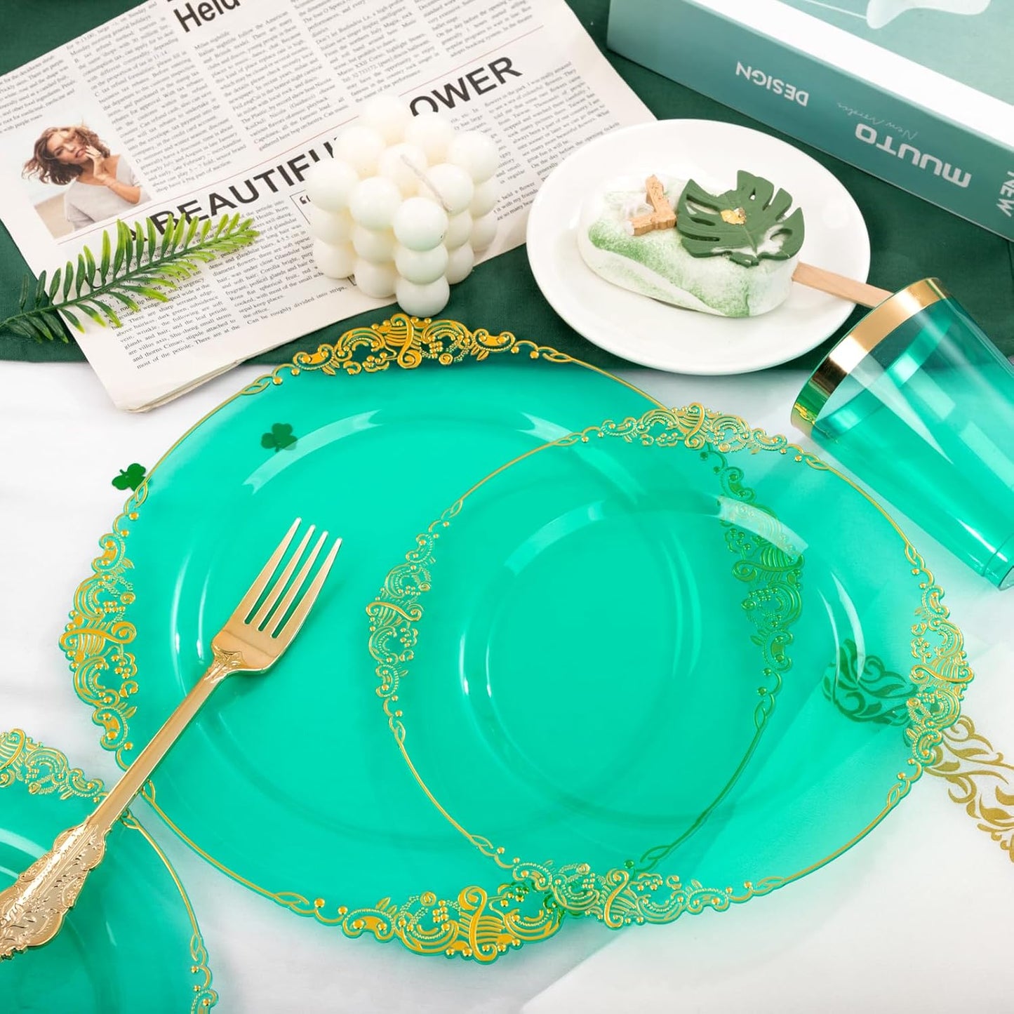 Hioasis 175pcs Clear Green Plastic Plates - Elegant Disposable Dinnerware Set Suitable for 25 Guests Include 10.25" Dinner & 7.5" Dessert Plates, Cutlery, Napkins, Cups for Party & Wedding