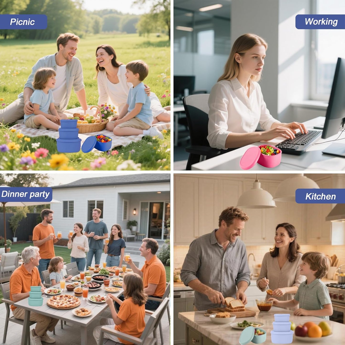 Reusable Nesting Silicone Food Storage Containers, Set of 3 Lunch Box Bento with Lids, Airtight Snack Container, BPA Free, Dishwasher Microwave Oven Freezer Safe (6.7oz, 10oz, 20oz) (Royal Blue)