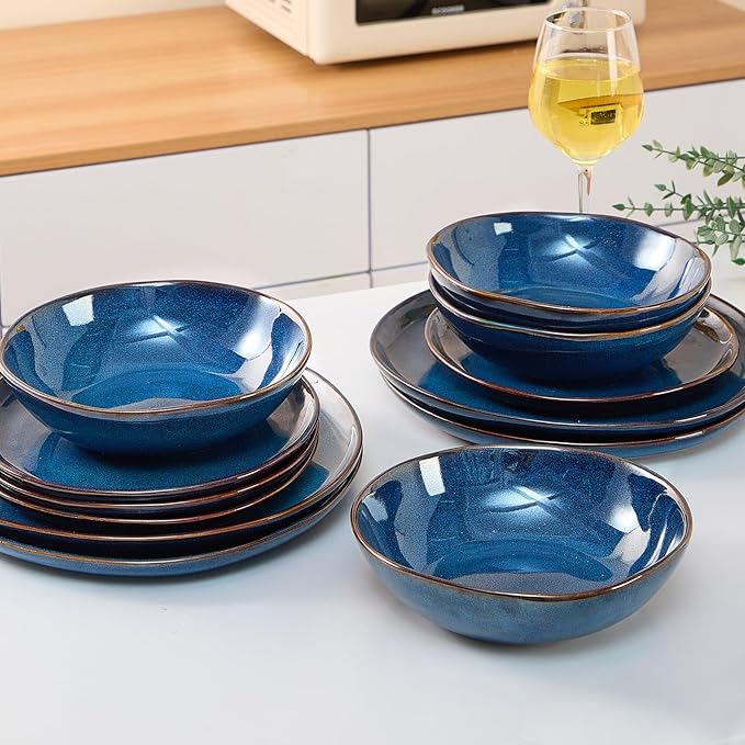 Bestone 12 Pieces Round Kitchen Dinnerware Sets，Plates and Bowls Sets,Dishes, Plates, Bowls, Dish Set, Chip Resistant Ceramic Dinnerware Set, Dishwasher/Microwave Safe,Service for 4,Cobalt Blue