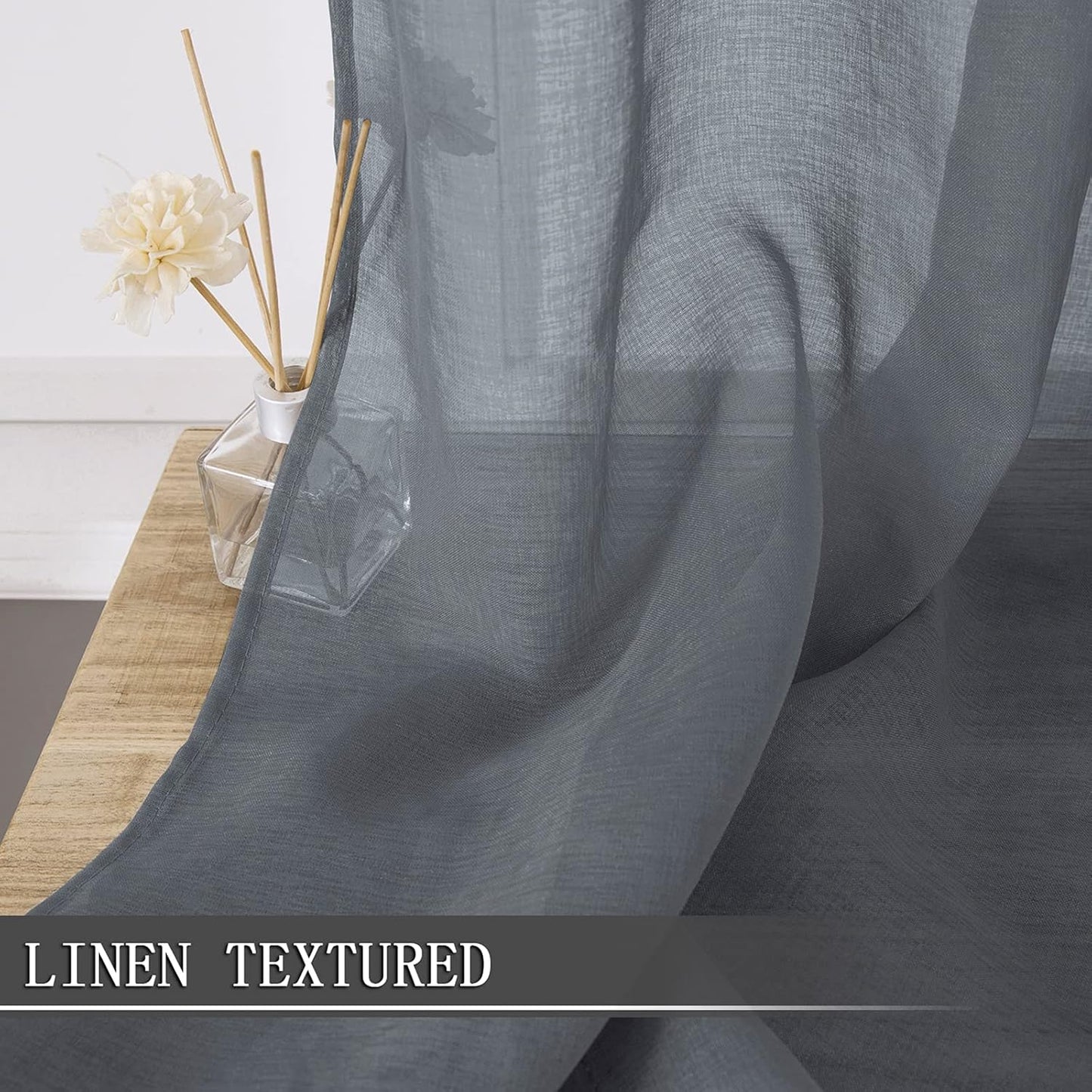 Tollpiz Short Sheer Curtains Living Room Linen Textured Curtain Sheers Light Filtering Voile Rod Pocket Curtains for Bedroom, 38 x 45 inches Long, Dark Grey, Set of 2 Panels