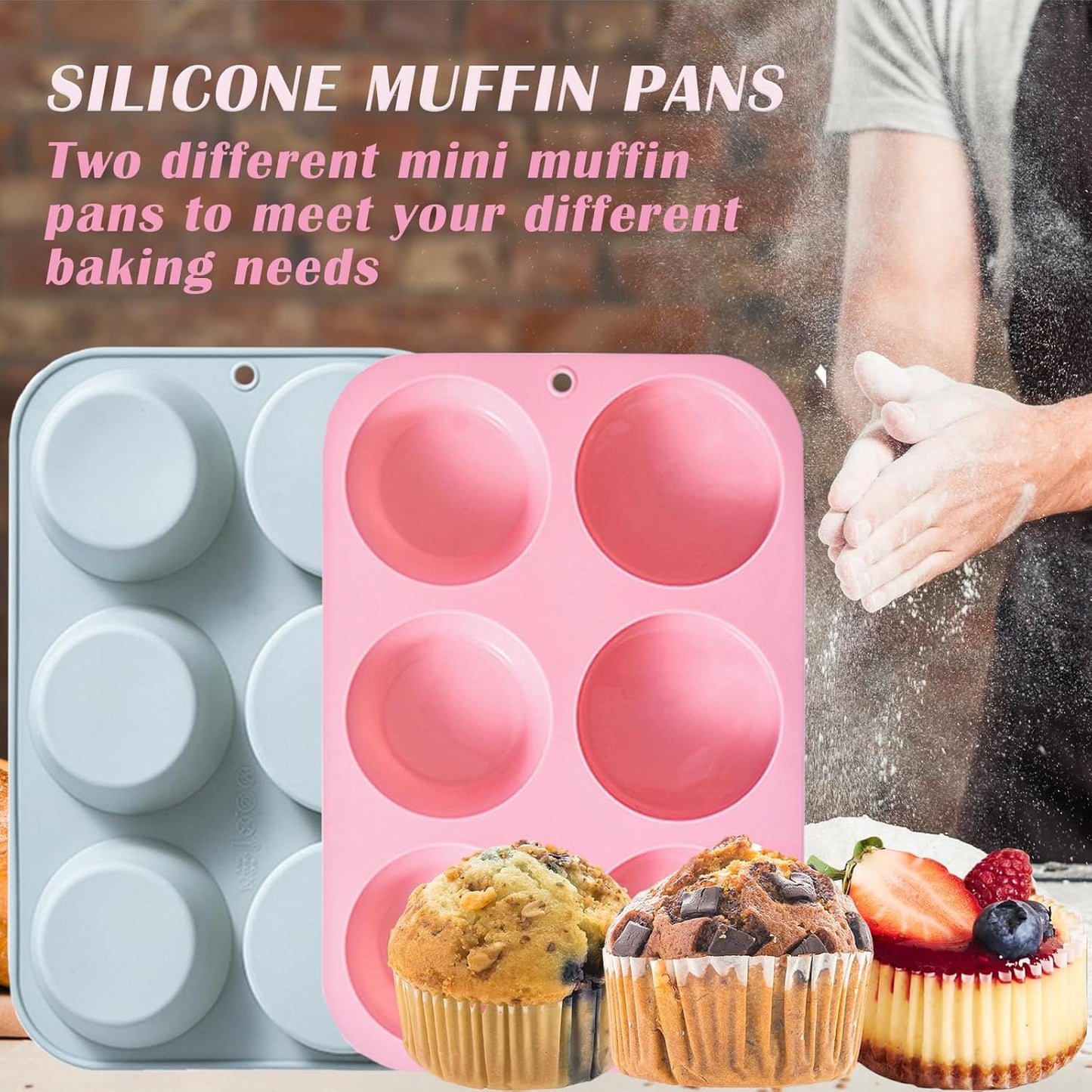 2 Pack Silicone Muffin Pans for Baking, Mini Cupcake Pans 6 Cups, Mini Muffin Pans Nonstick, Silicone Baking Cupcake Molds for Making Muffins, Cakes and Tarts
