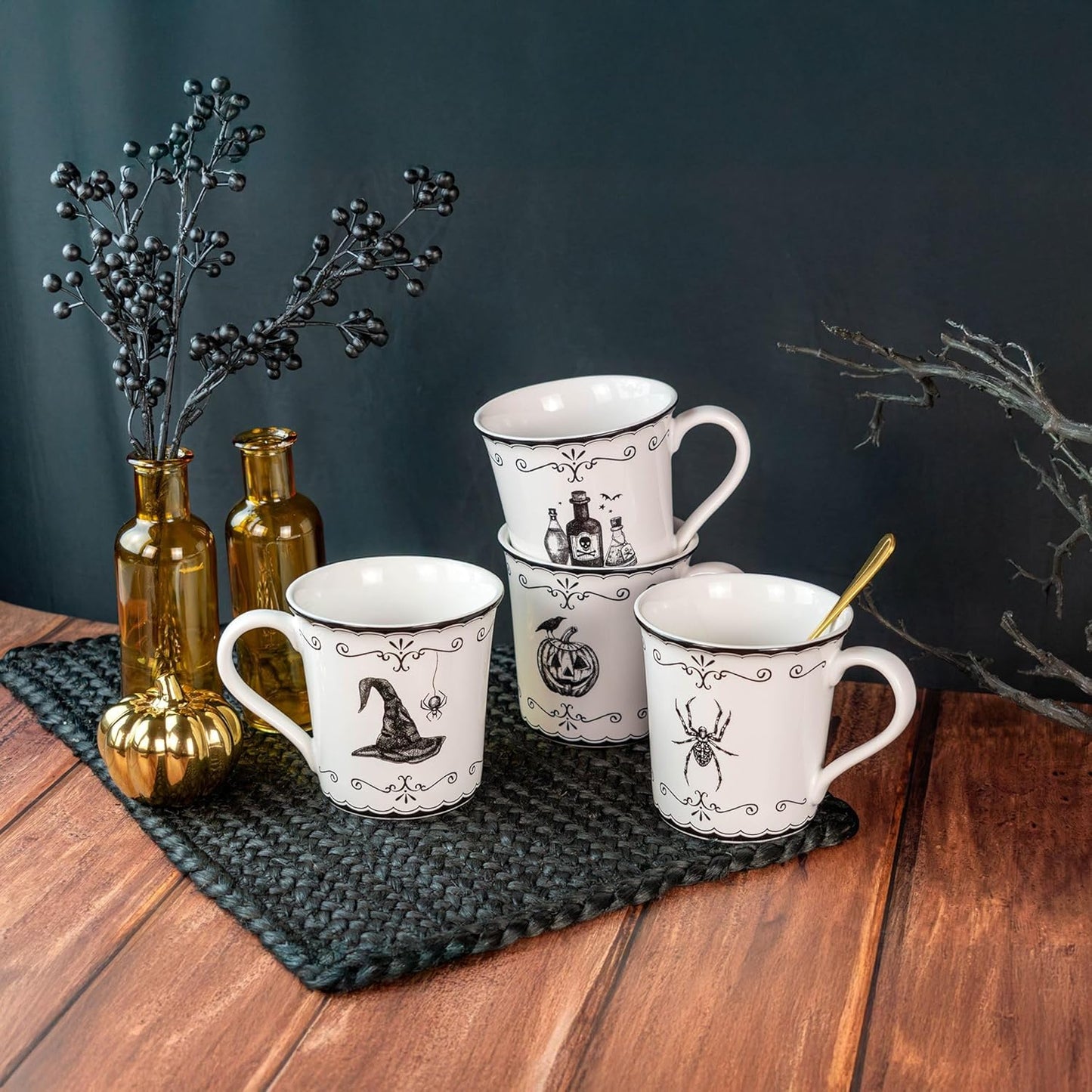 222 Fifth Elegant Haunting 4-Piece White Porcelain Halloween Mug Set - Witch Hat, Jack-o’-Lantern, Potion Bottles & Spider - 20.29 oz, Large Capacity Coffee Cups, Dishwasher & Microwave Safe