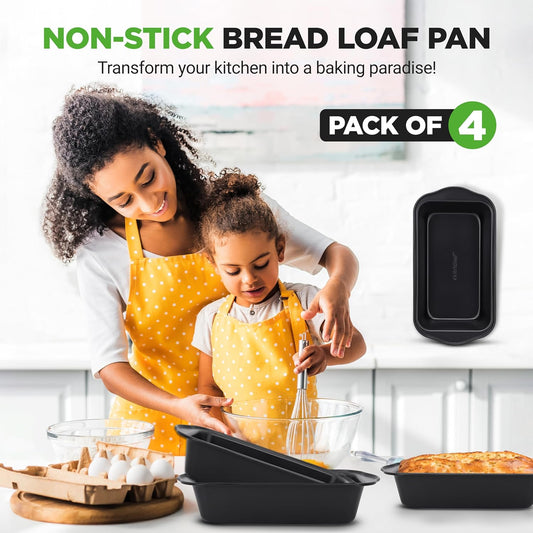 NutriChef Loaf Pans Set of 4 | Non-Stick Premium Bread Pans Quick & Even Heat Distribution | Oven Safe To 450 F | No PFOA, PFOS & PTFEs | Food Grade Carbon Steel | 11.61 x 5.98 x 2.56 Inches (Black)