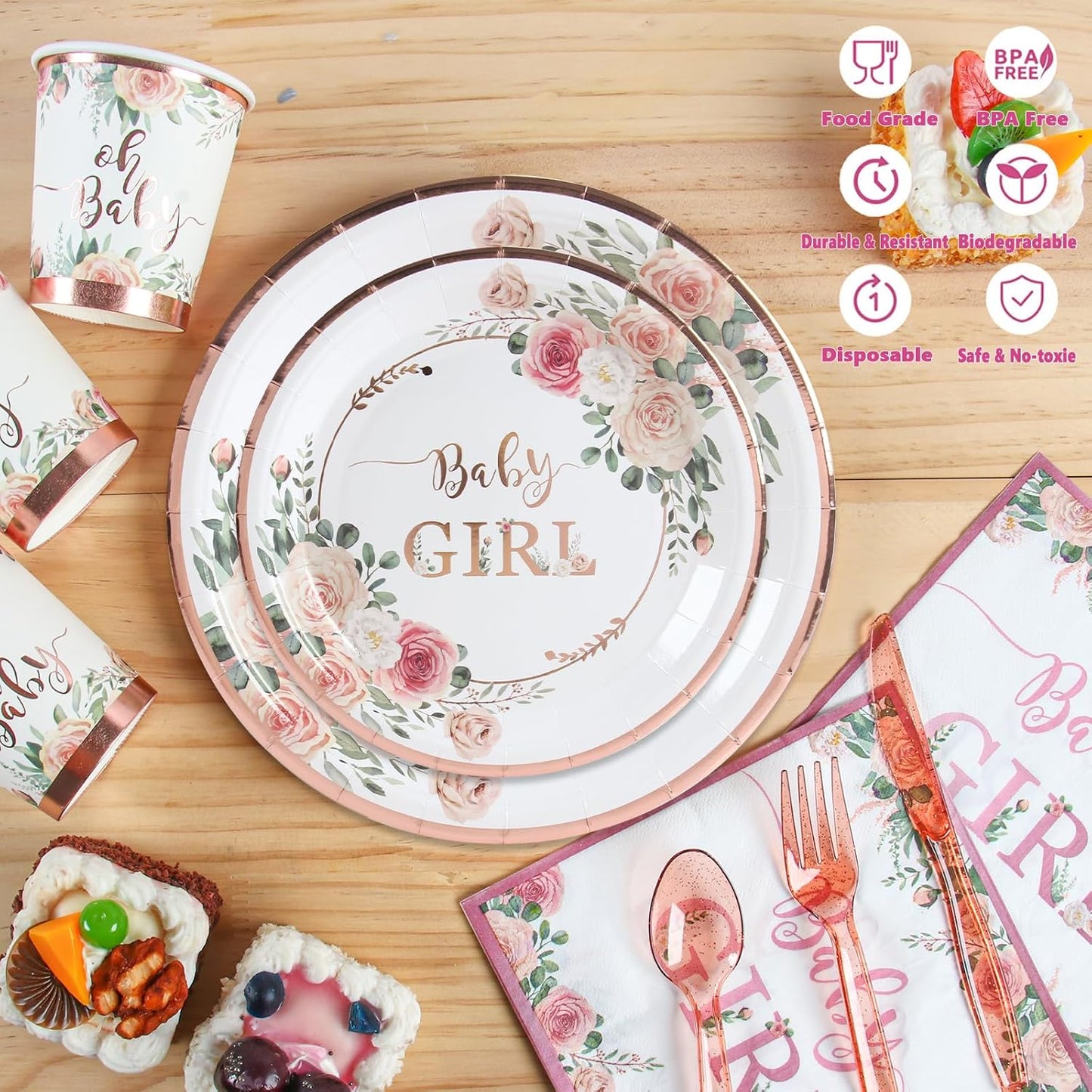 Floral Girl Baby Shower Tableware Set – Rose Gold Party Supplies with Plates, Cups, Napkins & Utensils – Serves 24 Guests, Perfect for Little Princess Party