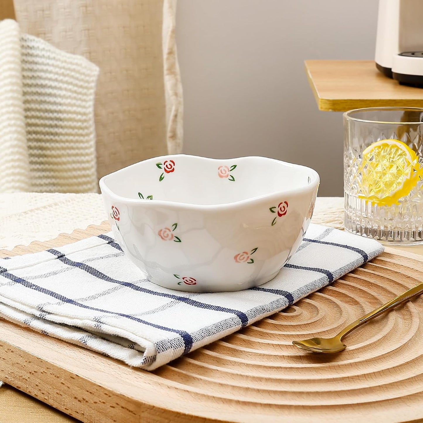 Koythin Ceramic Cereal Bowl, Cute Flowers Pattern Kitchen Bowls for Cereal, Salad, Pasta, Soup, Dessert, Serving, Home Decor, Microwave and Dishwasher Safe (Red Rose Small Fragmented Flowers)