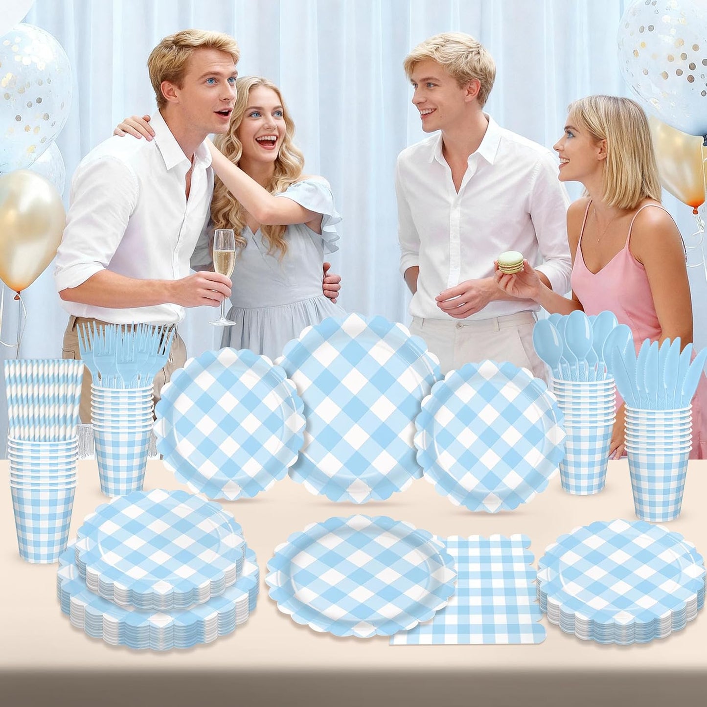 192 PCS Gingham Party Supplies Serve 24 Guests Gingham Plates and Napkins and Cups for Birthday Decorations Baby Shower Checkered Party Supplies Dinnerware Sets for Girl Boy Light Blue