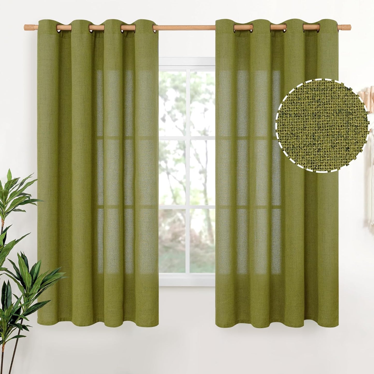 YoungsTex Olive Green Linen Curtains 63 Inches Length 2 Panels Textured Window Drapes with Bronze Grommet Privacy Light Filtering for Living Room Bedroom Office, 52 x 63 Inch