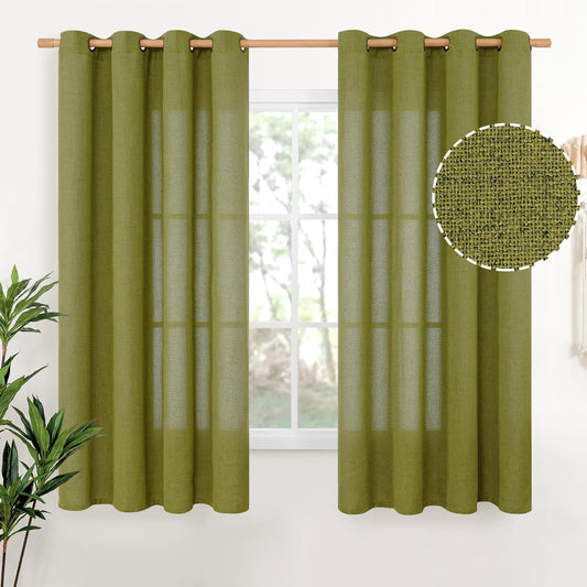 YoungsTex Olive Green Linen Curtains 63 Inches Length 2 Panels Textured Window Drapes with Bronze Grommet Privacy Light Filtering for Living Room Bedroom Office, 52 x 63 Inch