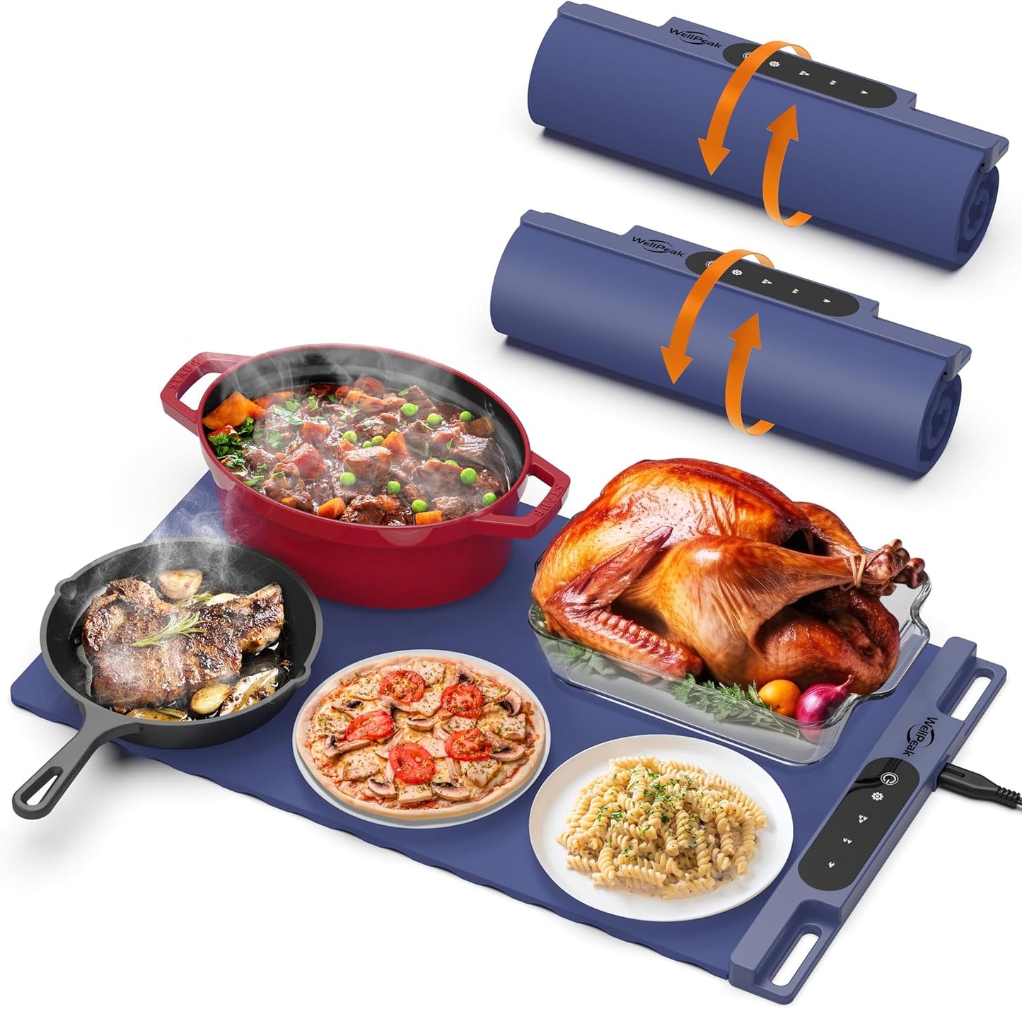 Electric Warming Mat for Food (2-Pack)- Full Surface Fast Heating Silicone Warmer Tray with 3-Level Temperature, Auto-Off, Raised Feet for Table Protection for Gatherings, Parties, Home Buffets, Blue