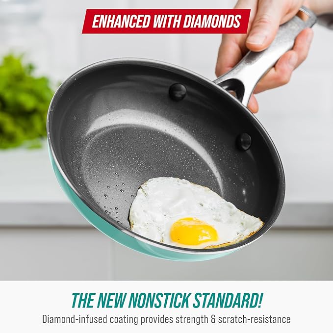 Blue Diamond 8" Nonstick Frying Pan Skillet, Diamond Infused Ceramic PFAS-Free, Dishwasher & Oven Safe, Stay Cool Handle, Durable Non Toxic Metal Utensil Safe, Egg & Omelet Pan, Turquoise