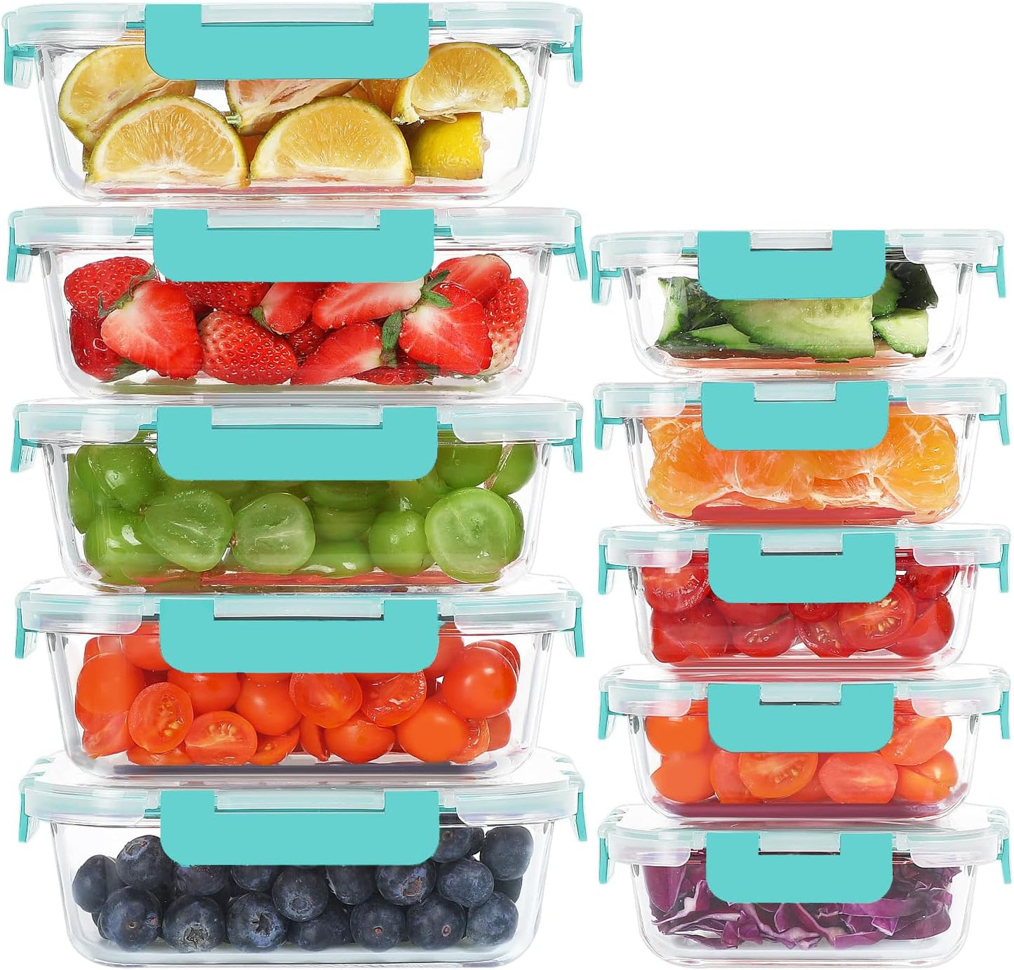 KOMUEE 10 Pack Glass Food Storage Containers, Meal Prep Containers with Lids, Airtight Glass Lunch Boxes, Freezer, Oven, and Microwave Safe, Green
