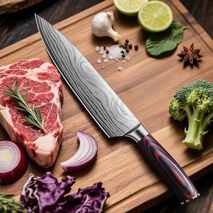 Chef Knife, 8 Inch Kitchen Knife, Ultra Sharp High Carbon Stainless Steel for Professional and Home Chefs with Ergonomic Handle, Roll Forged Utility Knife with Sheath and Gift Box