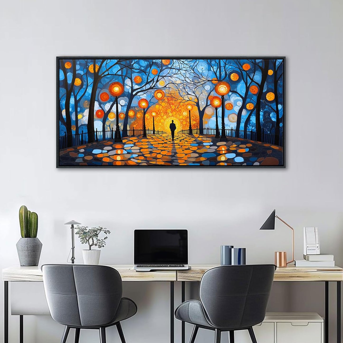 QZQCBLC Blue Canvas Wall Art, Abstract Night Scene Street Lights Wall Pictures Orange Halo Framed Paintings Trees Landscape Artwork for Living room Bathroom Bedroom Home Office Decor 20x40 IN