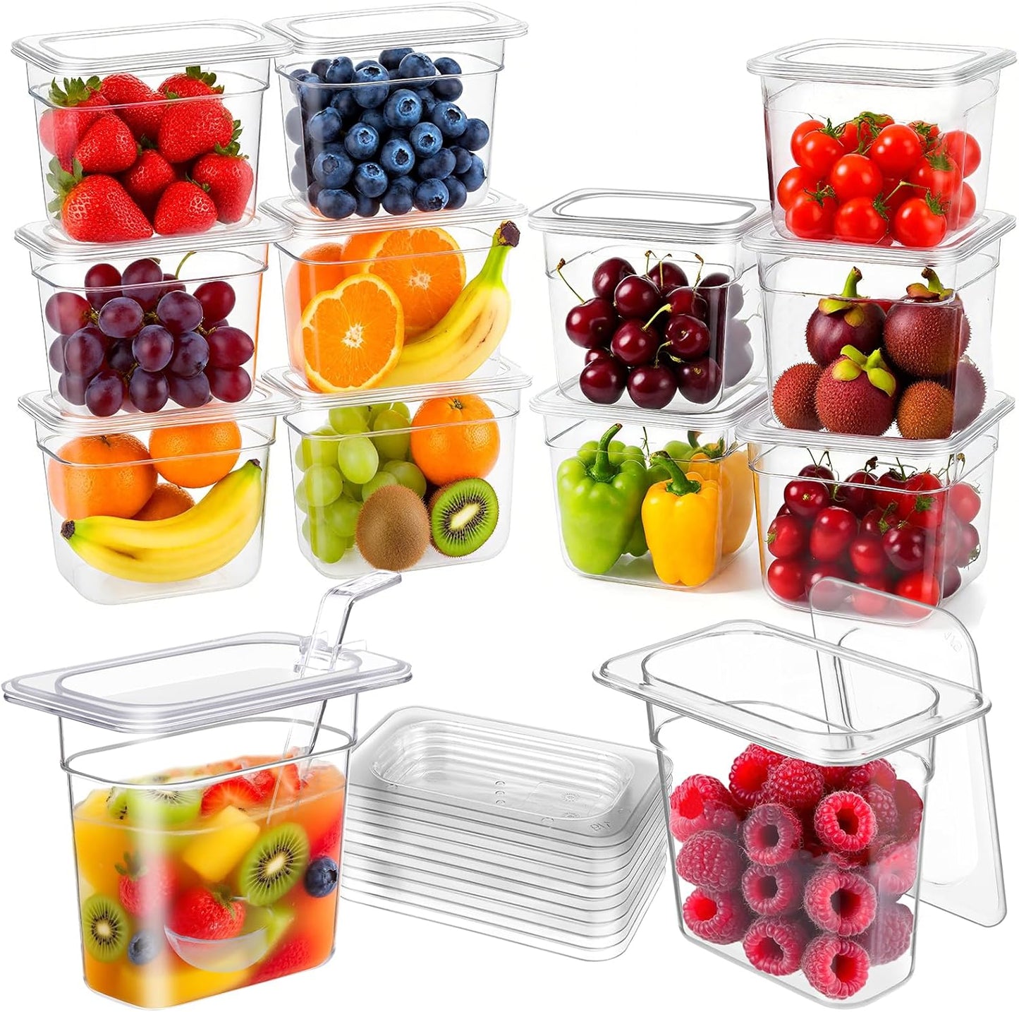 12 Pack Plastic Clear Food Pans with Lids, 1/9 Size 6'' Deep Commercial Stackable Polycarbonate Pans Hotel Food Storage Pan with 1 Pcs Spoon for Fruits Vegetables