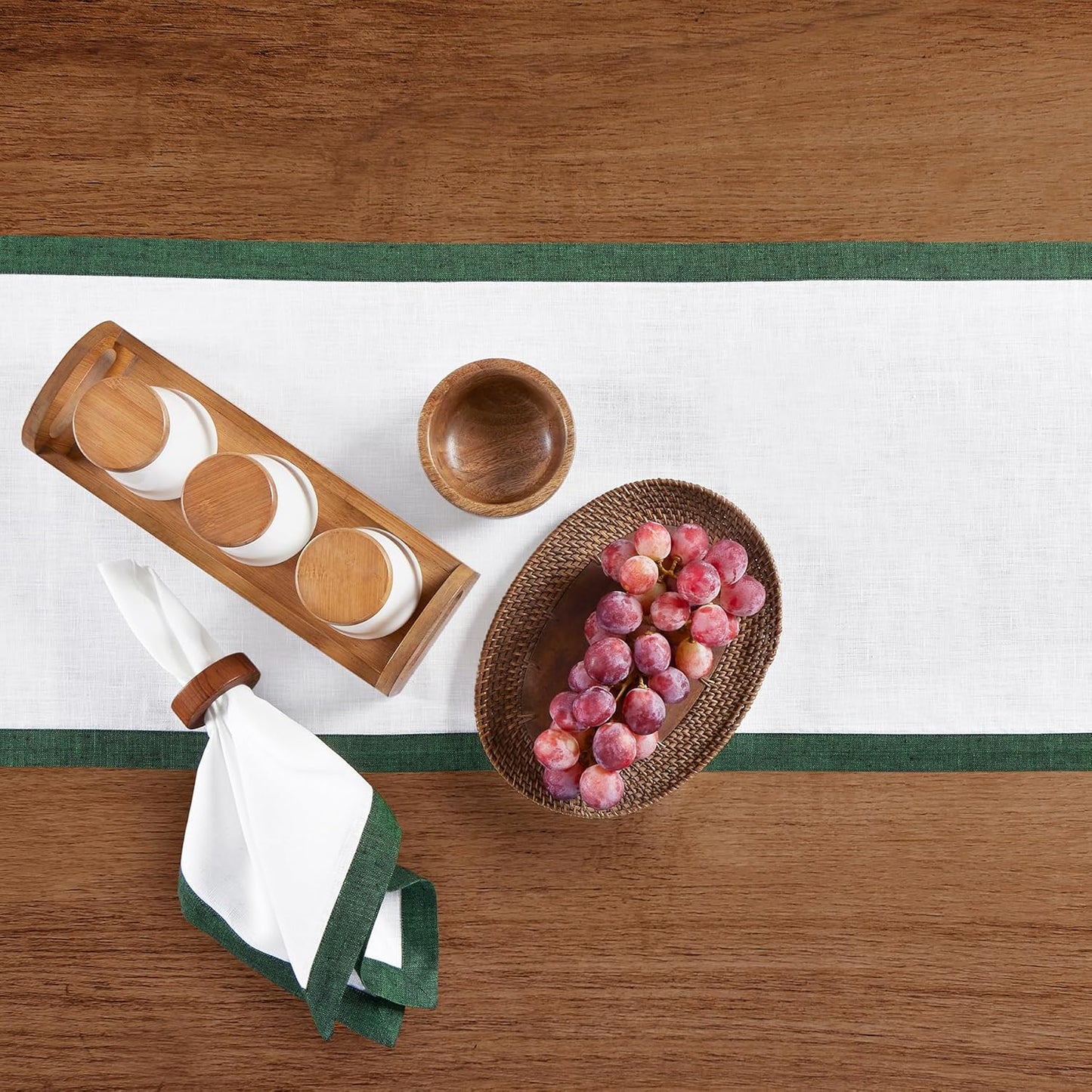 Solino Home Linen Table Runner 120 Inches Long - Forest Green and White 100% Pure Linen 14 x 120 Inch Table Runner for Dining, Fall, Autumn, Halloween, Thanksgiving - Classic