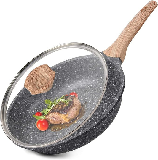 Caannasweis Nonstick Granite Frying Pan Skillet, Non Stick Omelette Fry Pans, Omelet Egg Pan, Stone Cookware Chef's Pan, Induction Compatible, PFOA Free (Gray, 12 Inch with Lid)