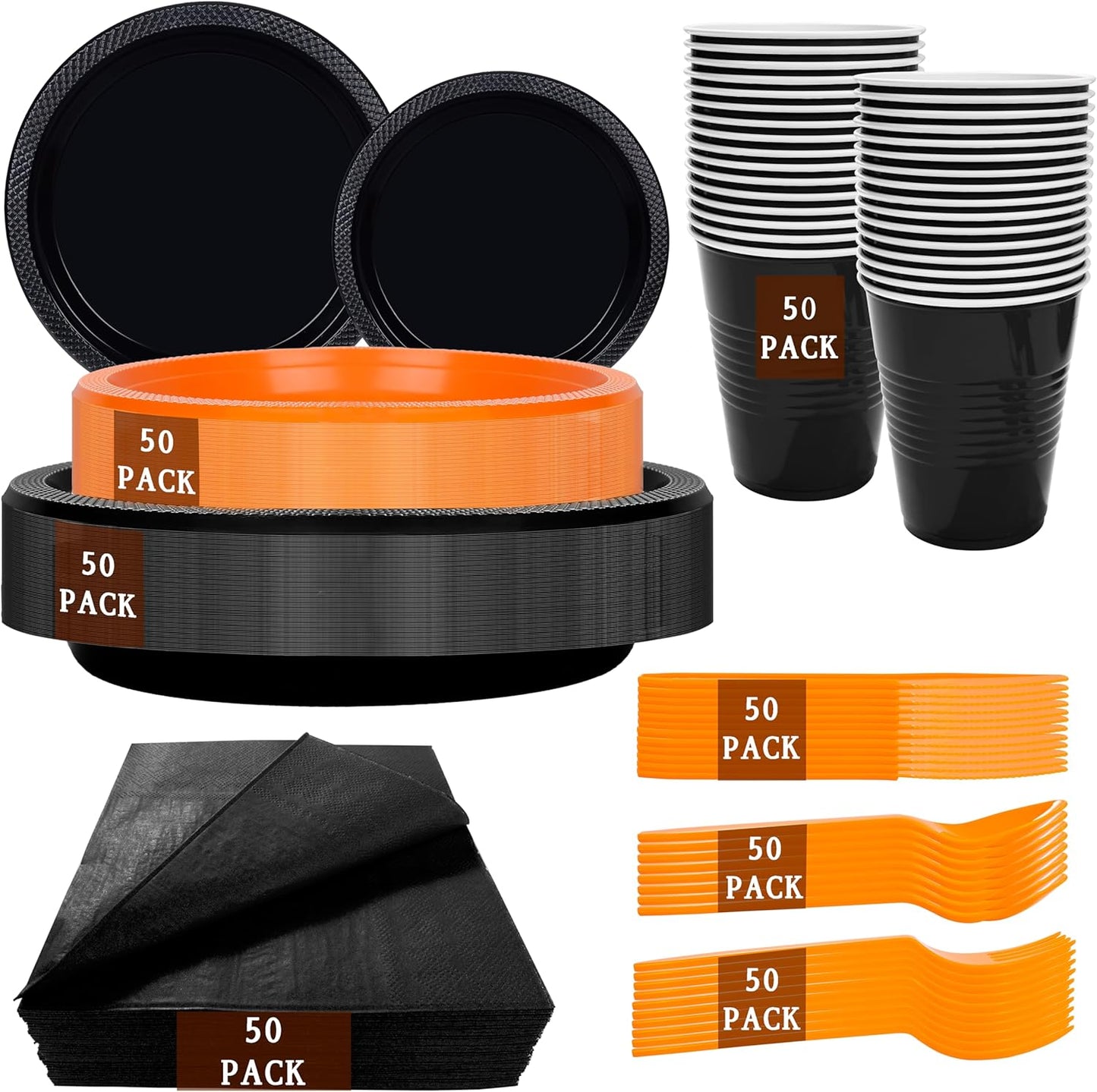 MirthMood 350PCS black and orange Plastic Plates,Black Disposable Plates –Plastic Plates Set Includes 50 Dinner,50 Dessert Plate,50 Cup&50 Napkins, 50 orange Silverware for Wedding& Parties& Halloween