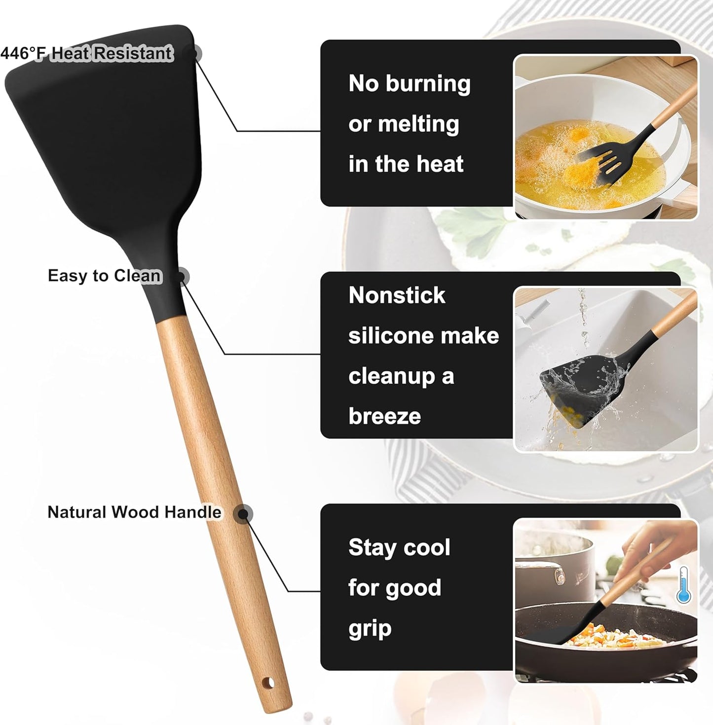 E-far Black Kitchen Utensils Set with Holder, 25-Piece Silicone Cooking Utensil Set with Wooden Handle for Nonstick Cookware, 446°F Heat Resistant Kitchen Tool Spatula Tongs Whisk, Non-toxic & Healthy