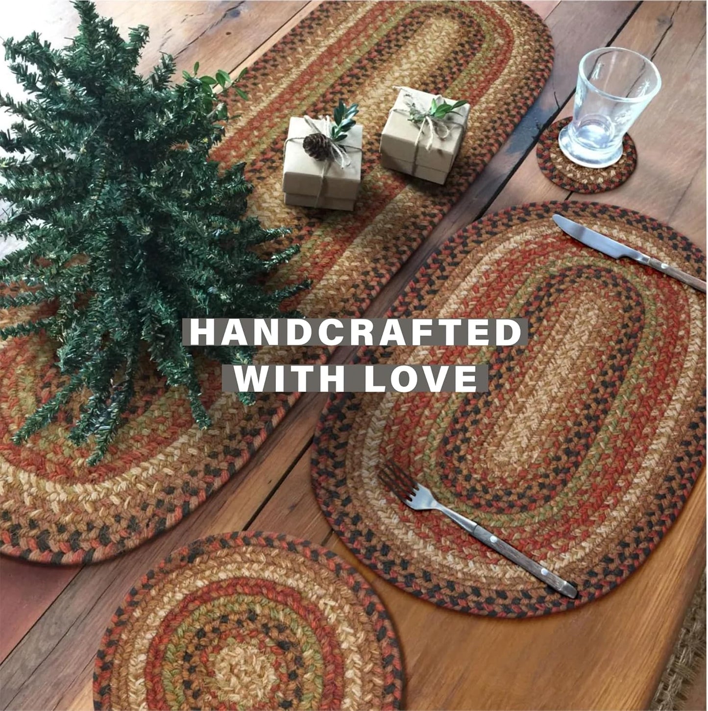 Homespice Gingerbread Braided Oval Table Runner, Warm Country Decor, Brown 11x36 - Jute Dining Table Accessories - Rich Colors, Easy to Clean, Durable and Protects Furniture