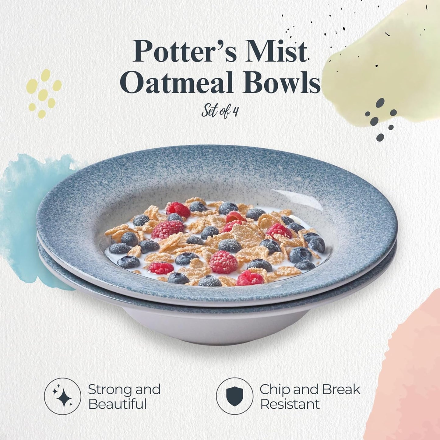 Portmeirion Potter’s Mist Oatmeal Bowls (Set of 4) - Versatile Earthenware Bowls for Kitchen, Soups, Cereal & Desserts - Dishwasher & Microwave Safe - Made in UK Dinnerware Collection (Blue Mist)