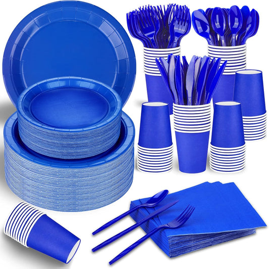 TWOWYHI 228PCS Blue Party Supplies Set Include Paper Plates Cups Blue Napkins Plastic Spoons Forks Knives for 30 Guests Disposable Party Dinnerware for Birthday Wedding Family Picnic