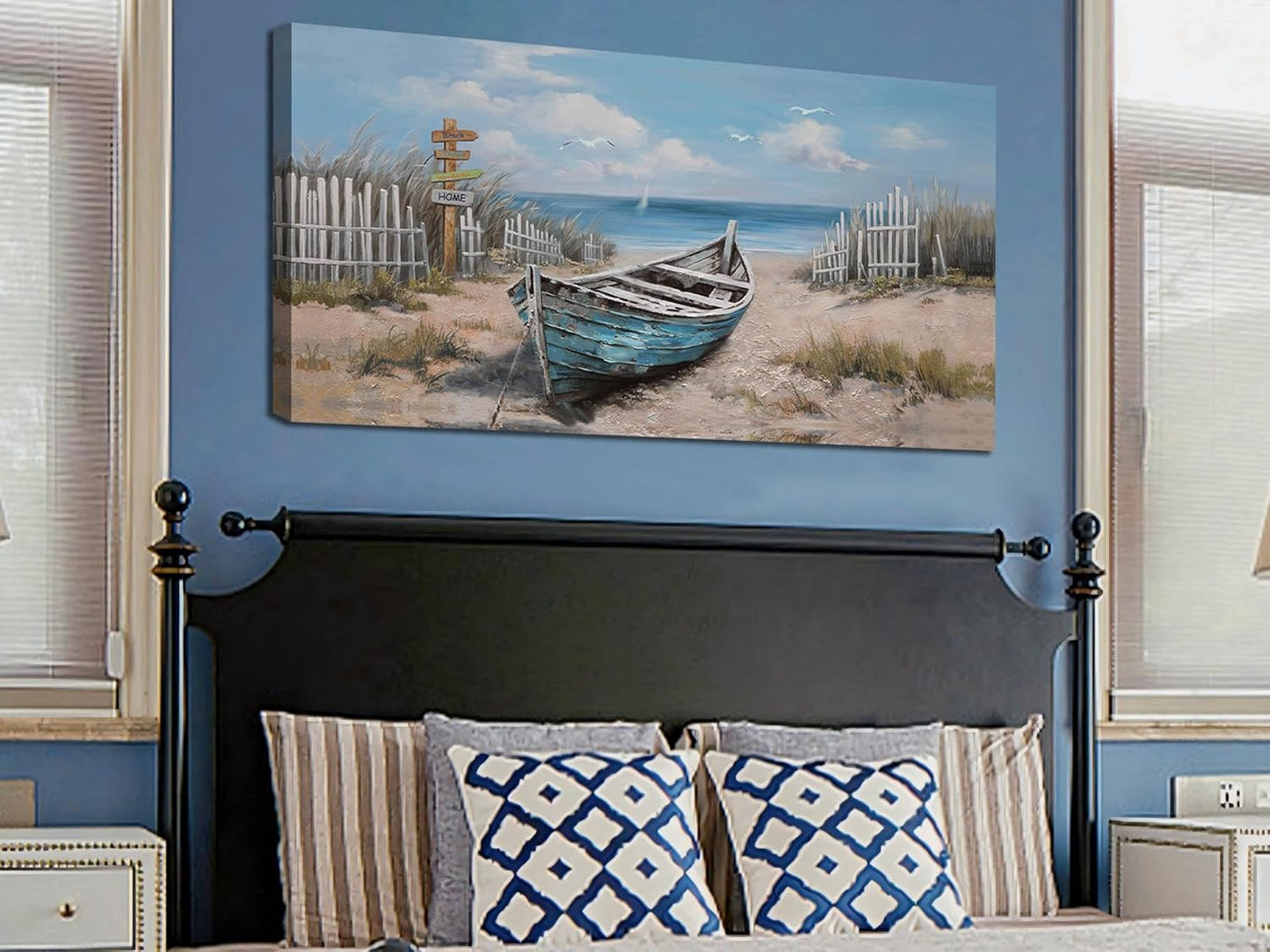 Ardemy Boat Canvas Wall Art for Living Room Large Teal Bedroom Pictures Wall Decor Textured Beach Paintings Artwork Dining Room Home Office Kitchen, 58"x29"