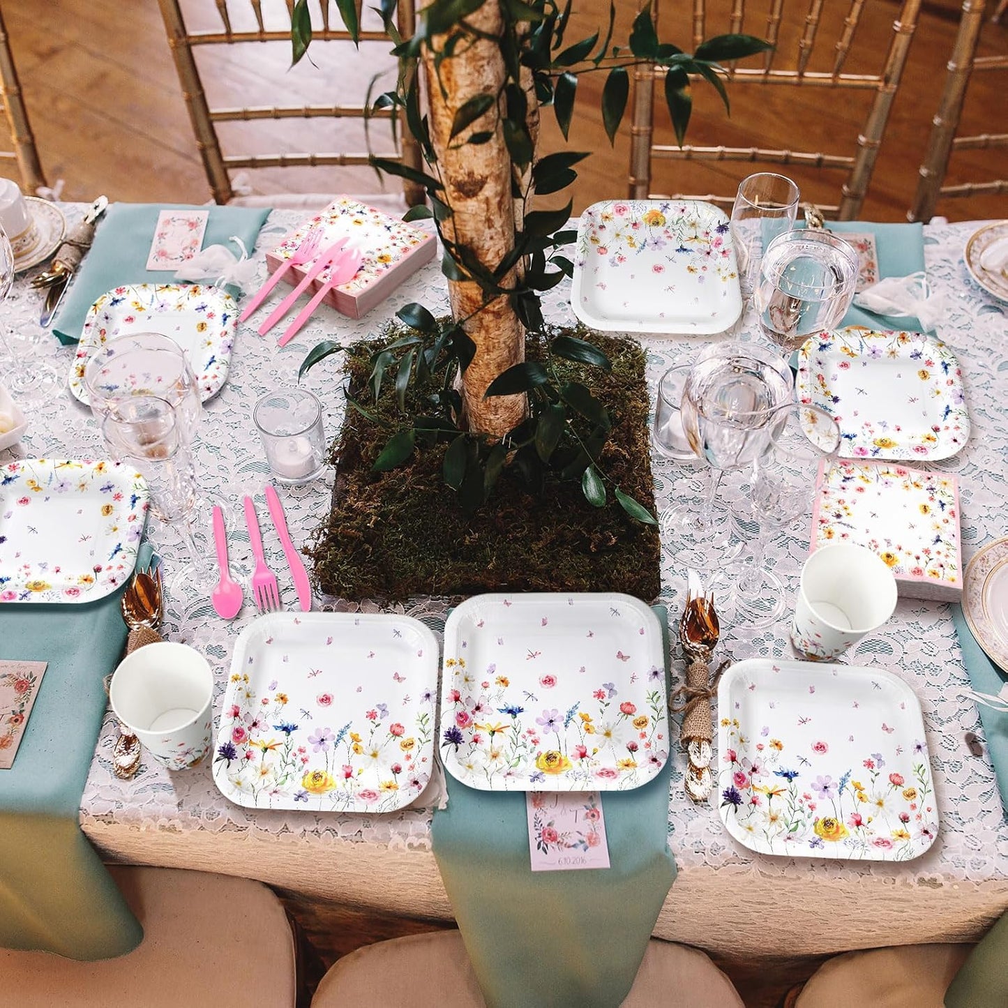 350 Pcs Paper Plates and Napkins Set Disposable Dinnerware Party Supplies Tableware Serve 50 Guest Cups Knife Forks Spoon(Pink,Wildflower)