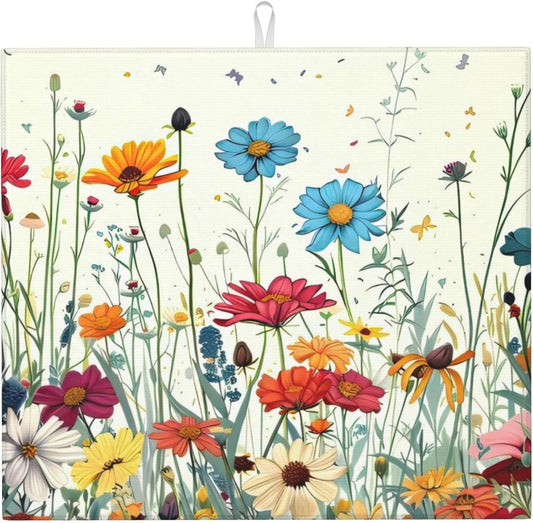 Butterfly Flowers Dish Drying Mat 16x18 Inch, Microfiber Absorbent Fast Dry Mat Daisy Floral Large Dish Mat Drying Kitchen Mat, Kitchen Drying Pad for Kitchen Counter Coffee Bar Decor Gifts