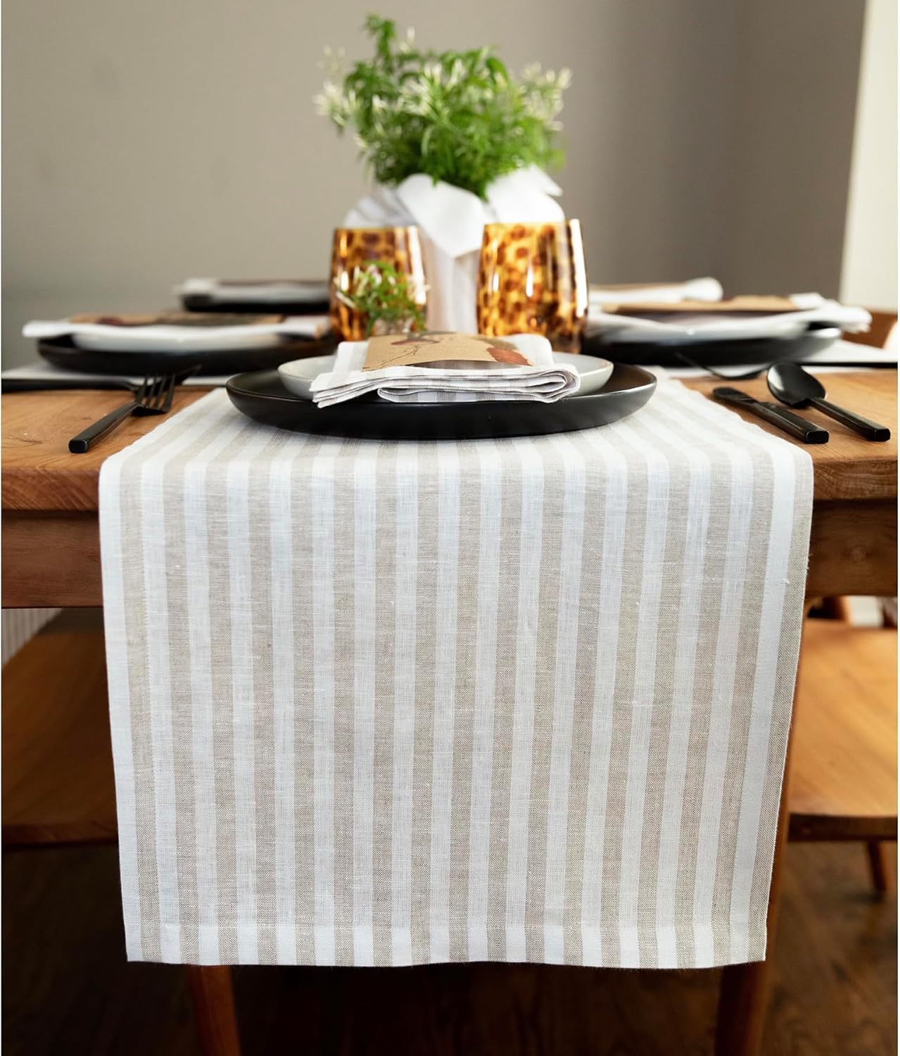 Solino Home Linen Table Runner 144 Inches Long - Amalfi Stripe, 100% Pure Linen Natural and White Table Runner 14 x 144 Inch for Dining, Thanksgiving