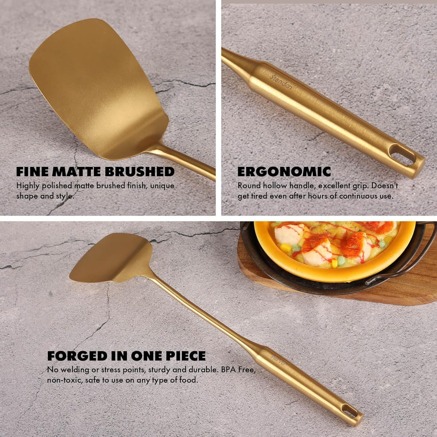 Gold Cooking Utensils Set - 18/10 Stainless Steel Small and Large Spoons Set, 16 PCS All Metal Kitchen Tools, Serving Utensils - Whisk, Masher, Fork, Tongs, Spatula, Turner, Ladle, Skimmer, Pasta