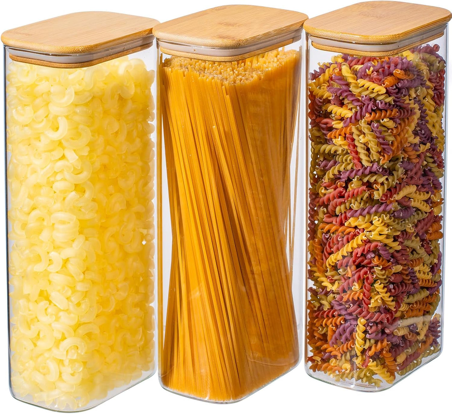 71oz 3PCS Rectangle Spaghetti Pasta Storage Containers with Lids, Tall Pantry Containers, Glass Tight Food Storage Jars with Lids for Penne, Macaroni, Lasagna, Fusilli, Cereal, Flour, Oats