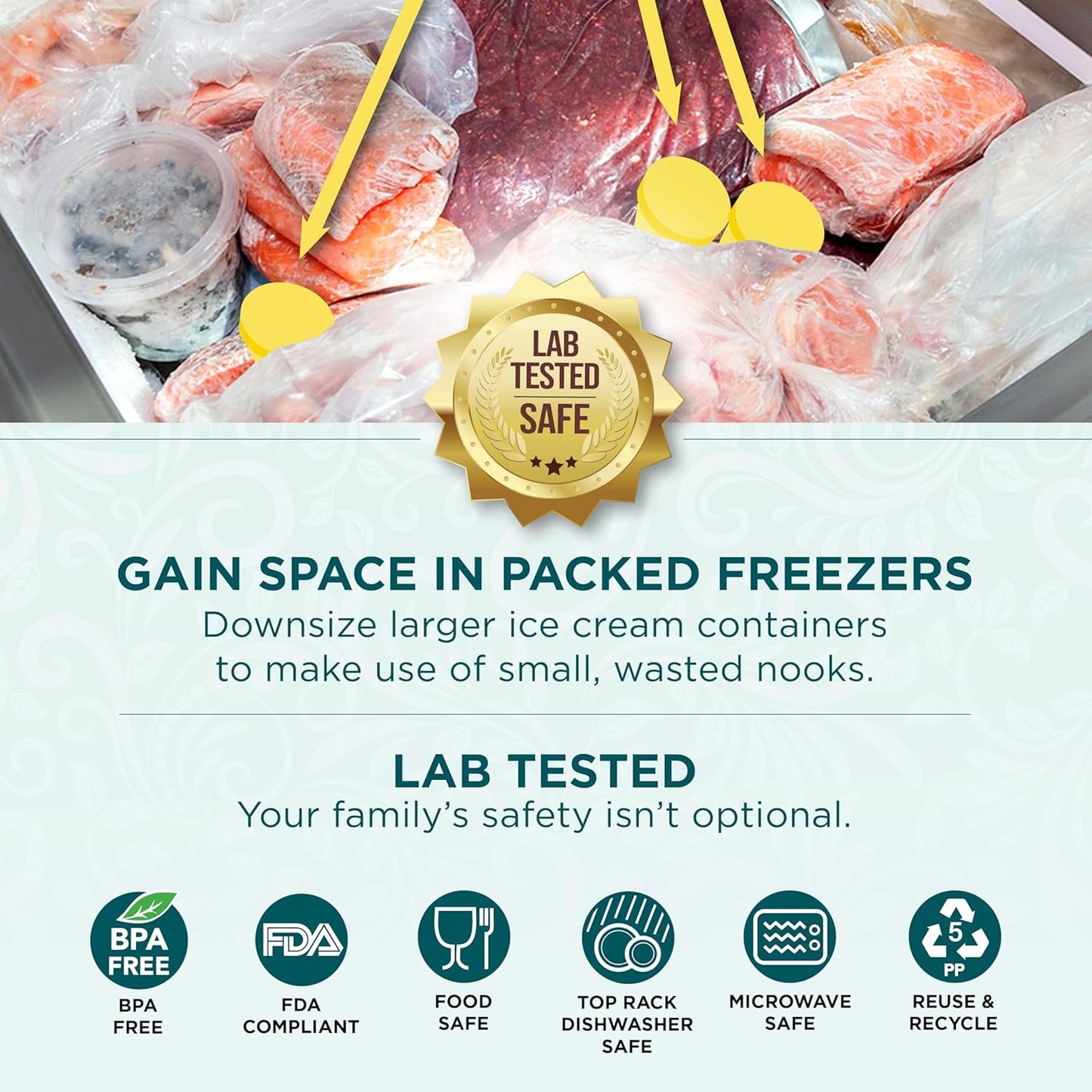 KOYAIRE Portion Control Ice Cream Containers for Homemade Ice Cream (6 oz. Each, 6 Pack), Airtight Food Storage Containers with Lids, Single Serving Mini Freezer Cups for Adults, Snack Size, Small