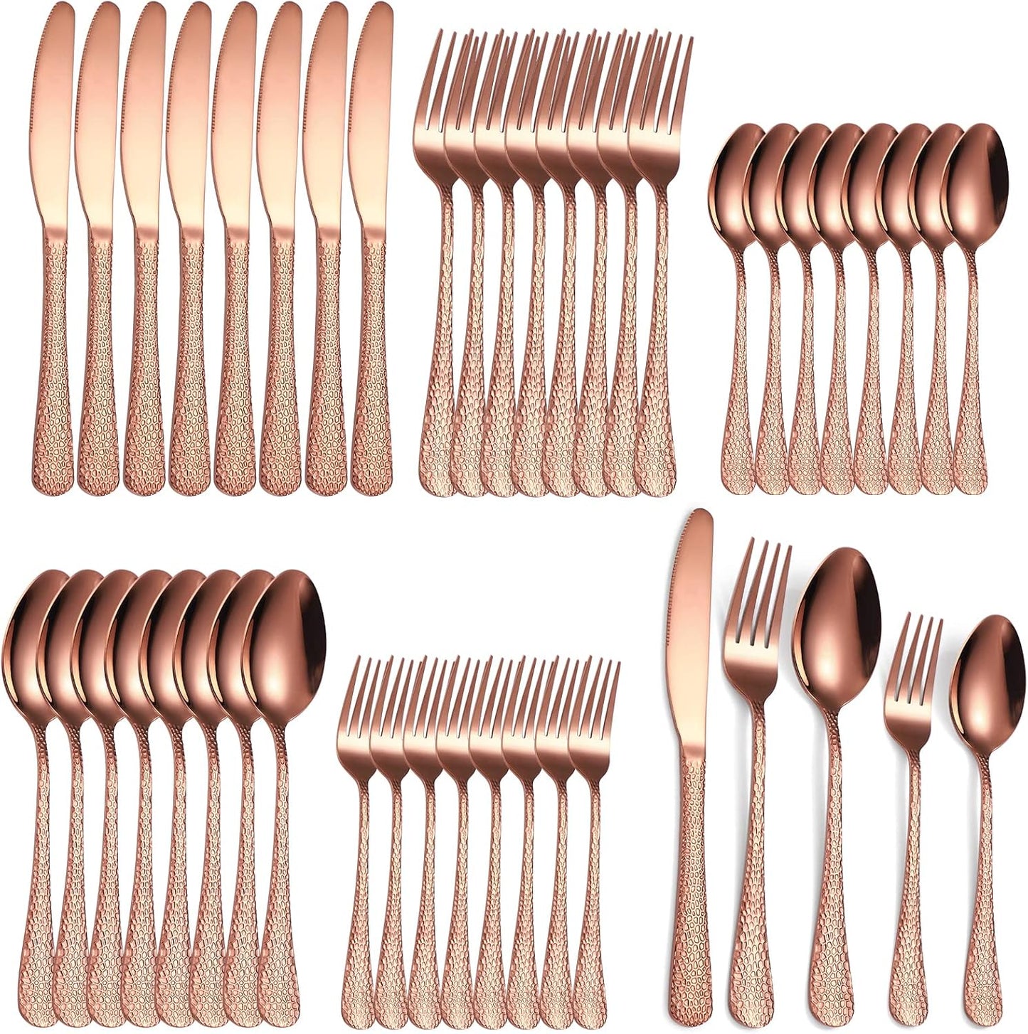 Hammered Silverware Copper/Rose Gold Flatware Set 40 Piece Service for 8 Stainless Steel Knives Forks Spoons Creative Handle Eating Utensils for Festival Parties Kitchen Daily Use