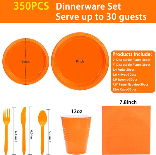 MirthMood 350PCS Orange Plastic Plates,Orange Disposable Plates Set– Plastic Plates Set Includes 50 Dinner,50 Dessert Plate,50 Cup&50 Napkins, 50 orange Silverware for Wedding & Birthday Parties