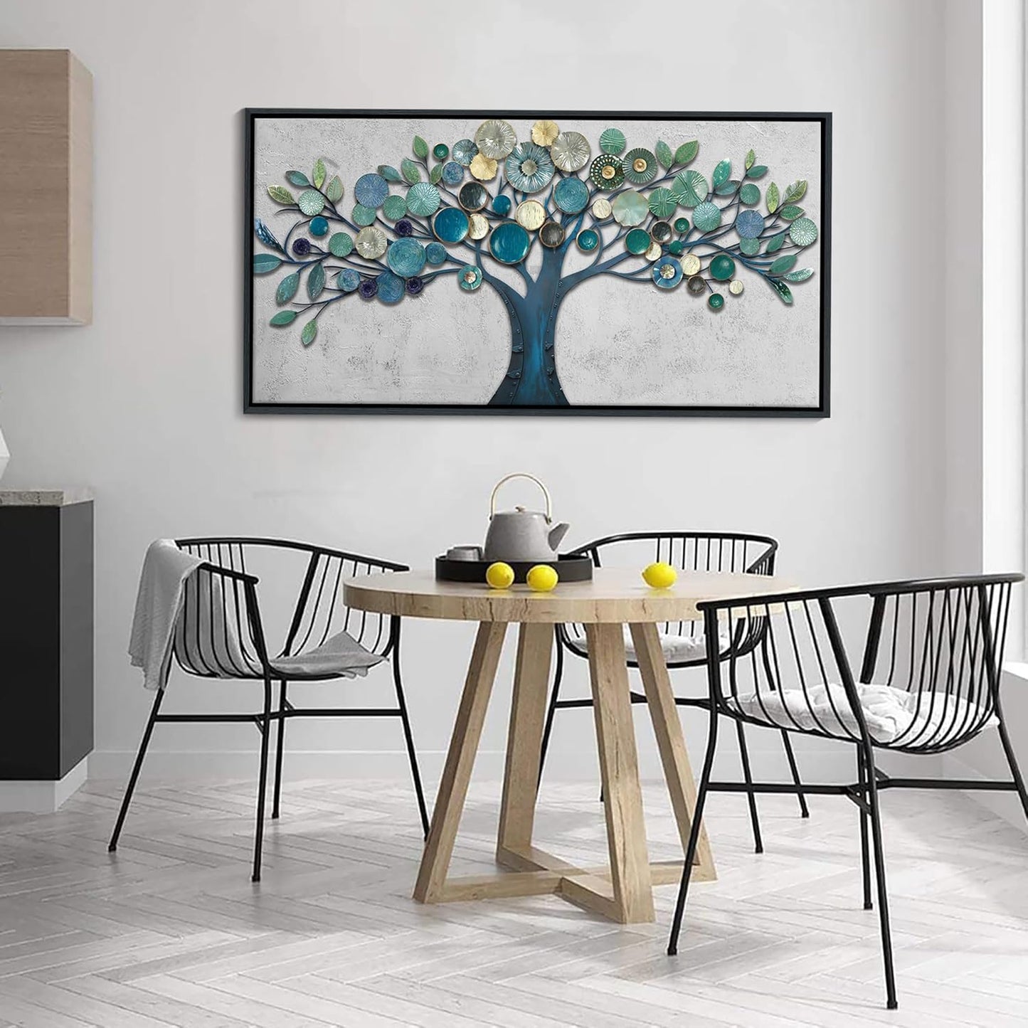 CHATYOUNG Wall Art Living Room - Framed Teal Blue Tree of Life Abstract Landscape Painting Modern Leaf Theme Print Artwork for Dining Room Bedroom Bathroom Office Home Decor 48"x24"