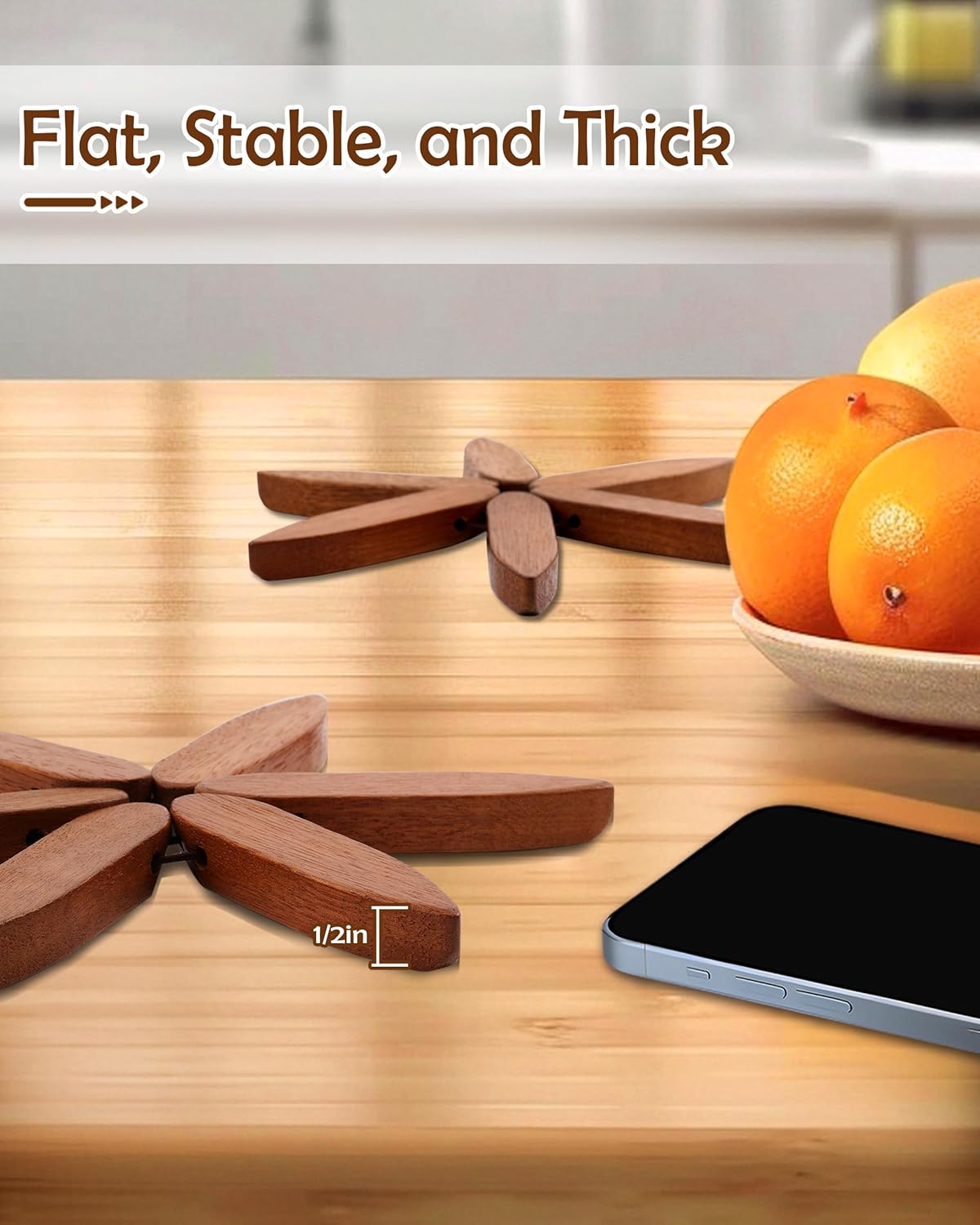 6pcs 8 Inch Wooden Trivets for Hot Dishes, Hot Pots and Pans, Anti Stain Natural Wood Pot Holders for Kitchen Counter Decor, Wooden Collapsible Tree Coasters with Organizer Dinner Placemats