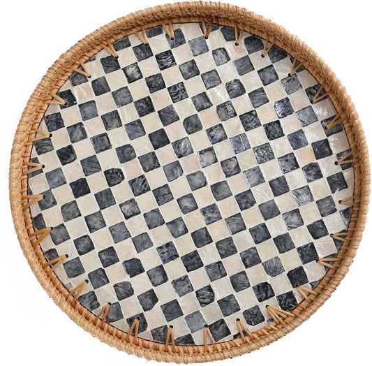 Round Rattan Tray with Mother of Pearl Inlay, Rattan Serving Tray for Coffee, Bread, Fruits, Decorative Wicker Tray for Table Decor, Home Decor, Kitchen Island Decor(Black Checkerboard, 11.8")